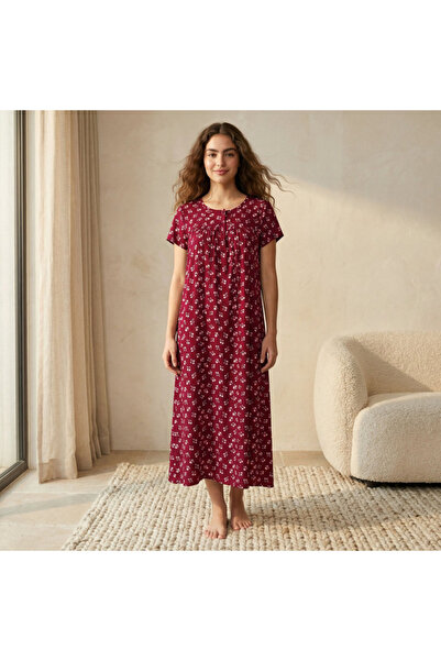Splash FAV Midi Night Dress Short Sleeves Floral Print Viscose