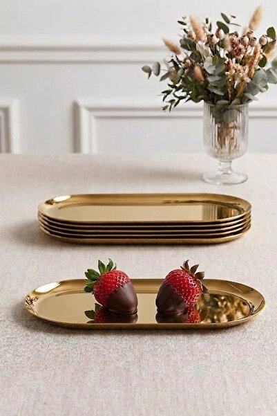 Kitchen Life Set of 6 Small Oval Gold Presentation Plates 23 cm