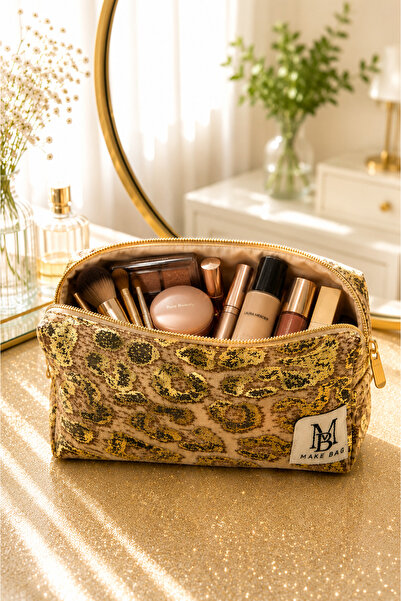 MAKE BAG YENİ LEOPAR ALTIN SİMLİ MAKYAJ ÇANTASI