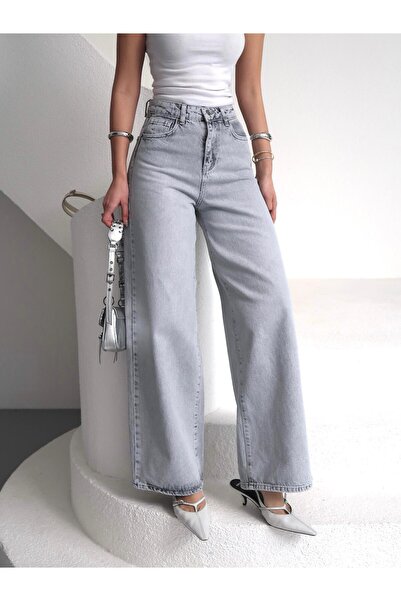 Vooz Women's Gray Baggy Fit Jean High Waist Wide Leg Loose Denim Trousers