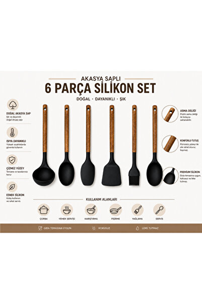 AC AMİSOS Akasya Ahşap Saplı 6 Parça Silikon Mutfak Gereçleri Seti – Spatula-...