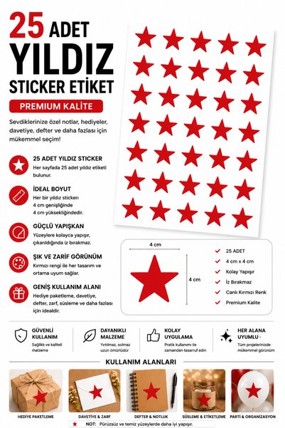 Organizasyon Pazarı 25 Adet Kırmızı Yıldız Sticker Etiket 4 cm Dekoratif Kalp...