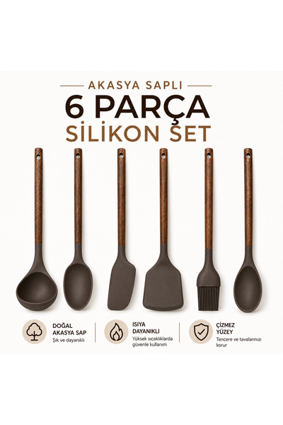 6-Piece Silicone Kitchenware Set with Acacia Wood Handle – Spatula-Ladle-Spoon-Brush – Scratch Pot Friendly