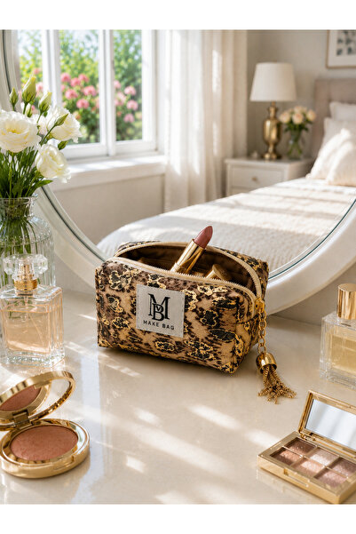 MAKE BAG YENİ LEOPAR ALTIN SİMLİ CEP BOY MAKYAJ ÇANTASI