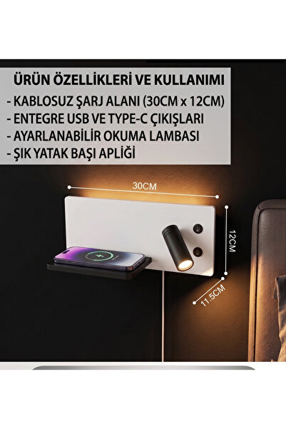 ECONA Çok Fonksiyonlu Yatak Başı LED Aplik ve Duvar Lambası: Kablosuz Şarjlı,...