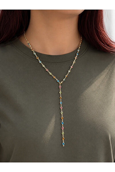 BERF JEWELLERY Renkli Taşlı Gold Y Kolye