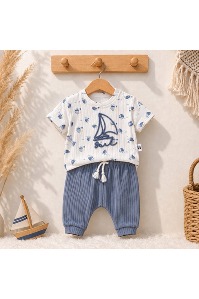 Happy Baby Butik Anılço 100% Cotton Baby Boy Summer Sailing Set with Embroide...