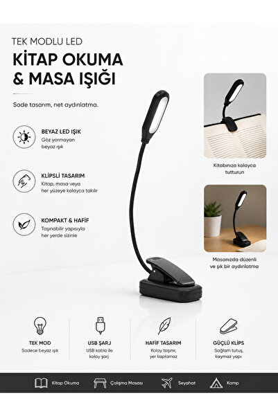 EcoVibe Şarjlı LED Kitap Okuma Lambası Klipsli – Beyaz Işık Tek Mod Masa Lambası