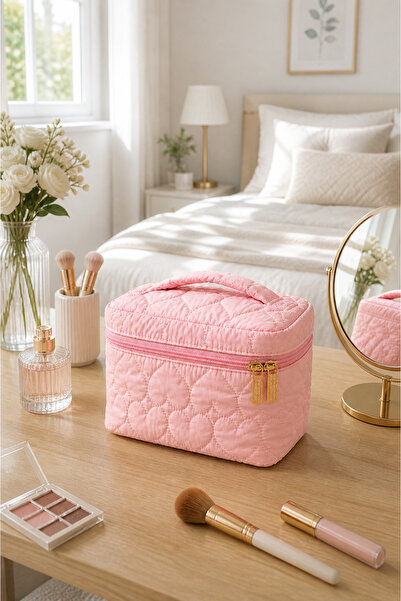 OverPazar Pembe Kapitone Makyaj Çantası 25x12x12 cm Taşınabilir Seyahat Kozme...