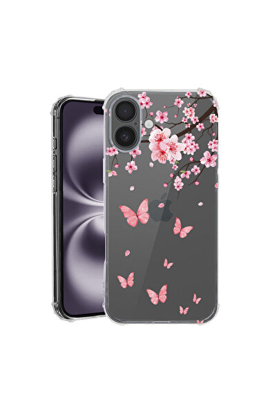 bestcase Husă Antișoc pentru Apple iPhone 16, Floare de cireș roz și fluturi,...