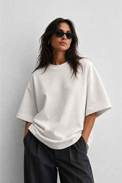 Modivibe Kadın Oversize T-shirt Kalın Dokulu %100 Pamuk Geniş Kesim