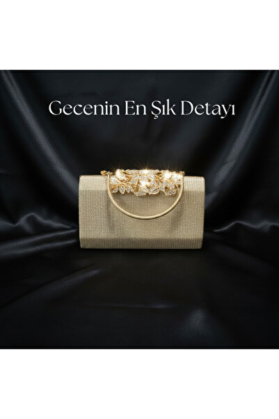 Dilora Lüks Görünümlü Gold Taş İşlemeli Kadın Abiye Çanta Işıltılı Clutch Por...