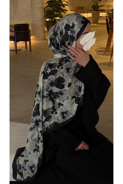 Qalortex Scarf Șal din bumbac cu model de grădină - Negru