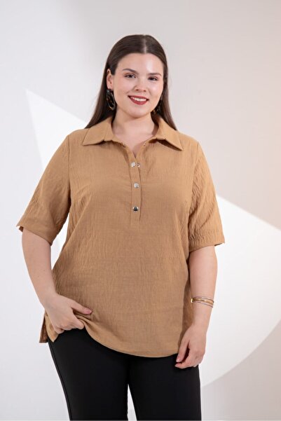 Roxxlen Women's Plus Size Collar Snap Blouse