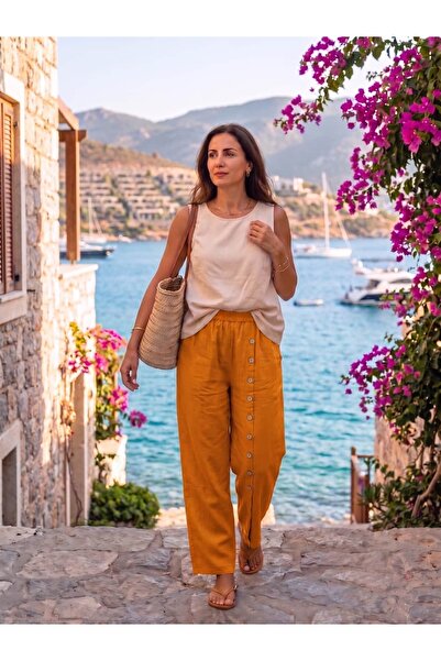 Punta Otantik PTS250202 Pantaloni Eva din bumbac, cu nasturi, cu picior larg,...