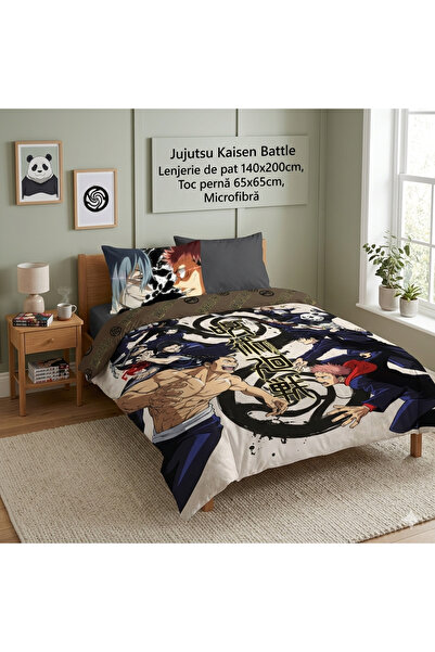 ANIME Lenjerie de pat Jujutsu Kaisen Battle, 2 piese, 140x200 cm, 65x65 cm, microfibra, multicolor