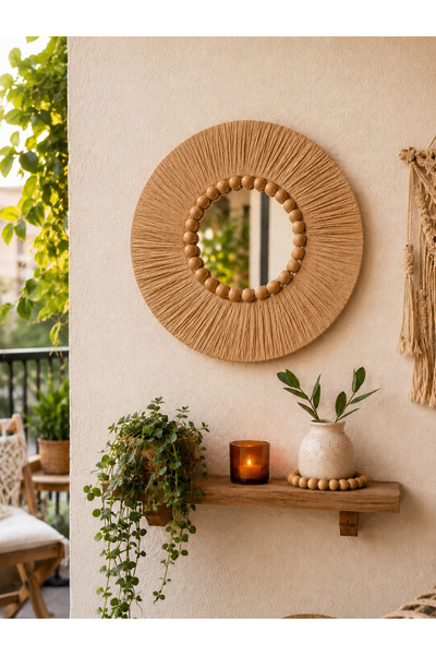 BOHEM Hasır Boncuklu Ayna – Balkon & Duvar Dekoru 30cm