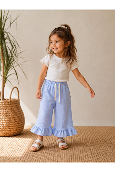 Pufiko Kids Bebe Mavisi Fırfır Paça %100 Pamuk Müslin Pantolon