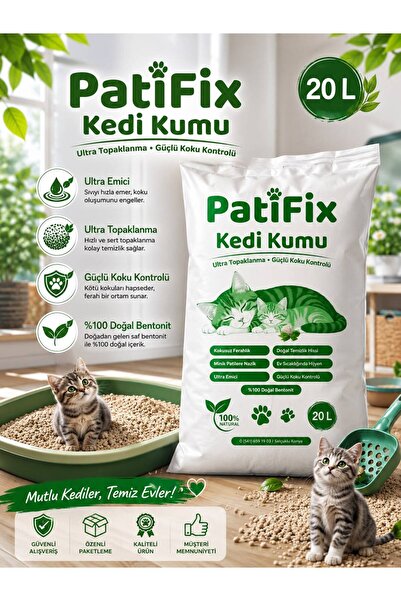 Patifix 20 Lt %99 Tozsuz ince Taneli Süper Topaklanan Beyaz Bentonit Kedi Kum...