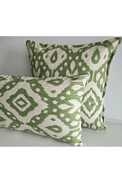 Fabric by Gülçin KOTON PREMİUM BEJ-YEŞİL İKAT ETNİK DESEN KIRLENT KILIFI