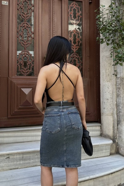 Coşkun GİYİM Medium Length Denim Skirt Snow Wash Dark Blue 1039-28