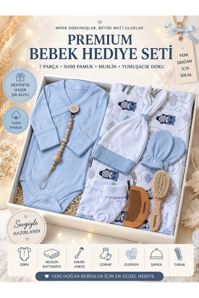Kereminko Bebek Premium Erkek Bebek Hediye Seti - Zıbın , Eldiven , Çorap , Ş...