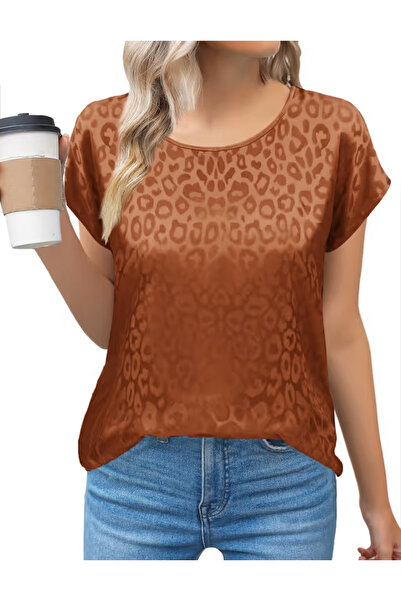 OEM Light brown satin blouse with short sleeves for women, S