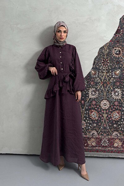 Esma Gündoğdu Simla Volan Detailed Dress in Plum Color