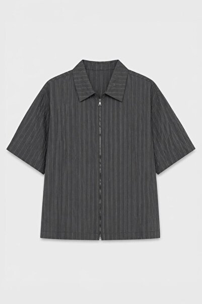 VAMOSCLO Lyocell blend striped zippered linen shirt anthracite