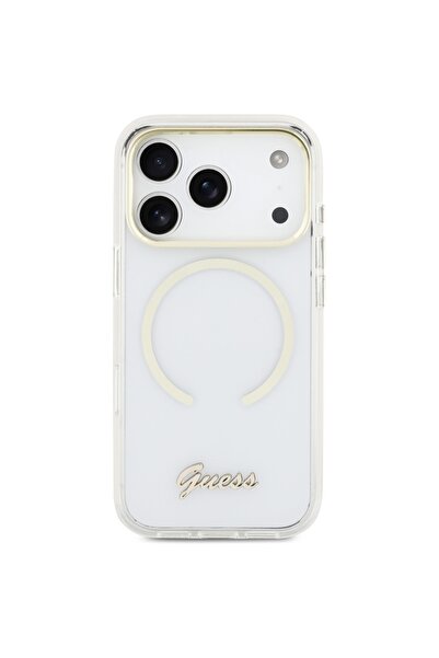 Guess Husă IML Script Metal MagSafe pentru iPhone 17 Pro Max Transparentă