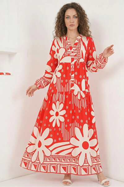 buğrahayalin Women's Round Neck Gathered Waist Floral Patterned Viscose Red H...