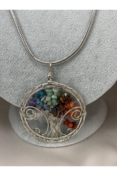 ZS Aksesuar Tree of Life Natural Stone Necklace with Chakra Stones Silver Col...