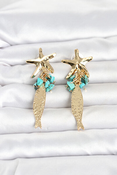 Lisinya Gold Color Women's Earrings with Starfish and Fish Detail and Blue St...