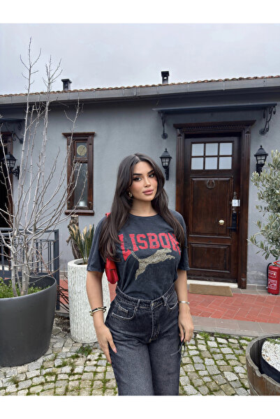 Füme Yıkamalı Baskılı Oversize Tshırt