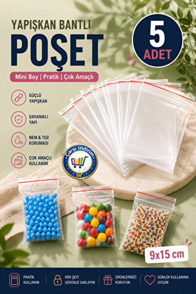 nistabolje 5 Adet Yapışkan Bantlı 9x15 cm Mini Şeffaf Poşet - Çok Amaçlı Pake...