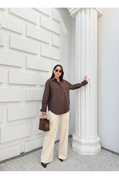 Myra Fashion Oversize Poplin Gömlek Tek Cepli Geniş Kesim Uzun Kol Bluz Kadın...