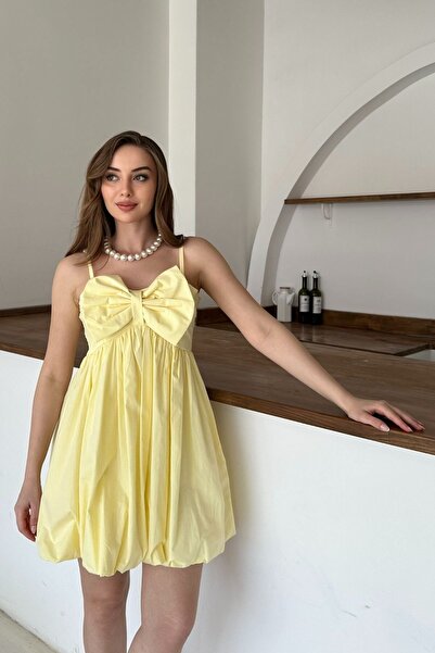 Elbee Fashion Woman Κίτρινο φόρεμα με φιόγκο μπροστά