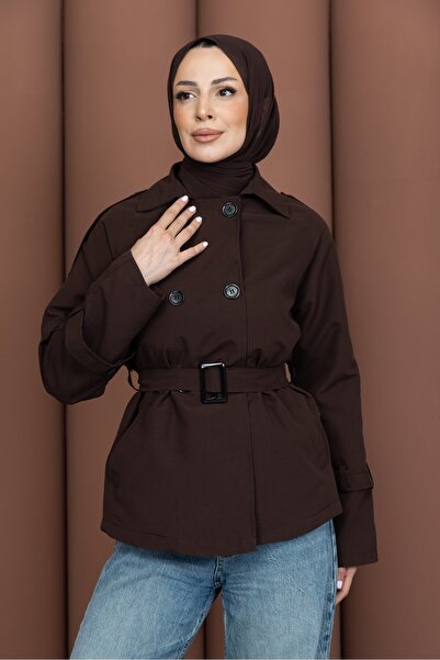 PAVENTİ Trench scurt, elegant, cu centură, maro