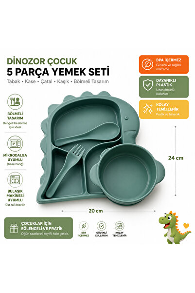 Clinica Dinozor Tasarımlı Çocuk 5 Parça Yemek Seti Bölmeli Tabak Kase Çatal K...