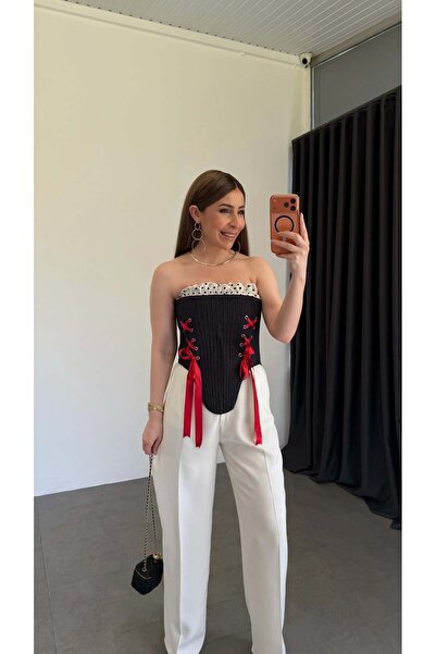 elif teke Balenli Kırmızı Kurdelalı Korse Bluz Lacivert