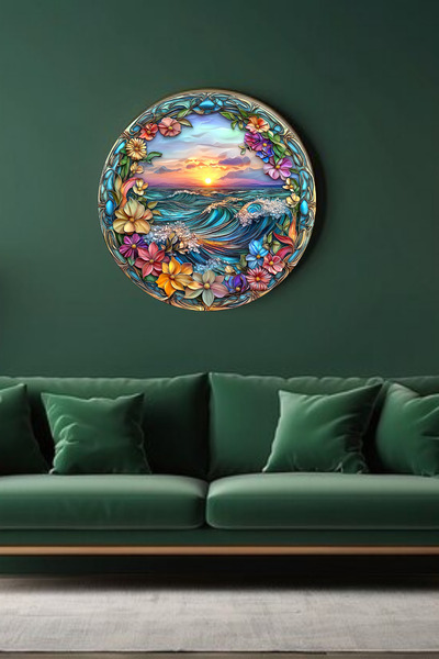 Lucena Stained Glass Flower Sea Sunset Mdf Painting Decorative Modern Wall Or...