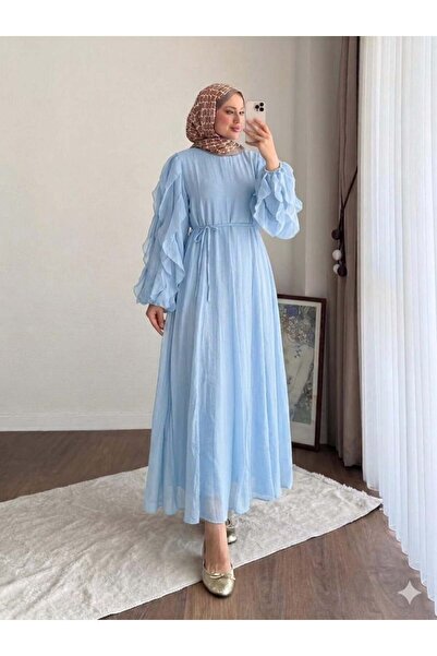Miraydın Butik Women's Modal Dress with Ruffled Sleeves M2648 - Baby Blue