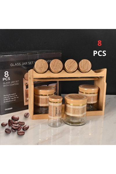 Generic طقم علب بهارات زجاج 8 قطع مع حامل خشبي وأغطية بيج لتنظيم التوابل للمط...