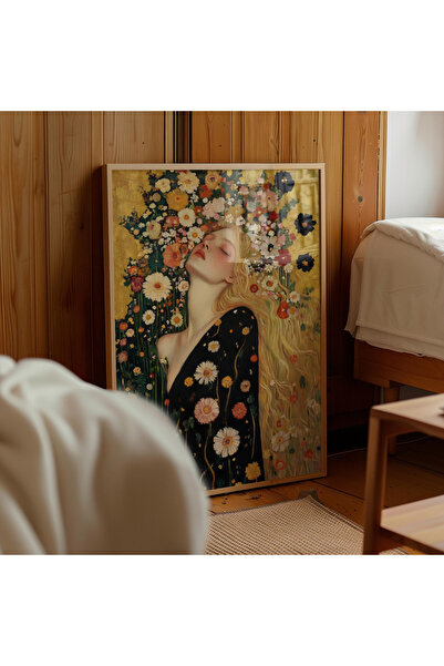 Tuba Decor Tablou într-o singură piesă cu ramă din lemn, femeie cu flori