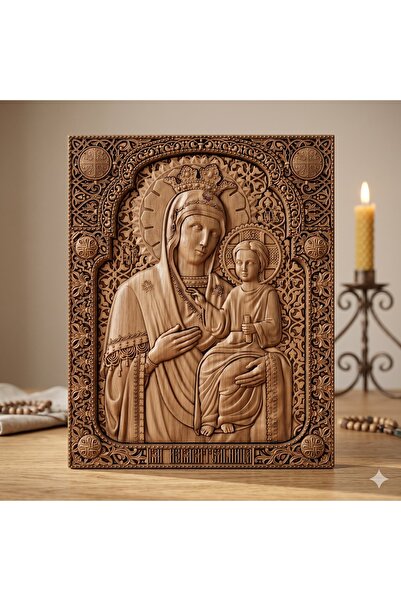 OEM Icon carved in solid oak wood – Mother of God and Jesus Christ – 30 x 24 cm
