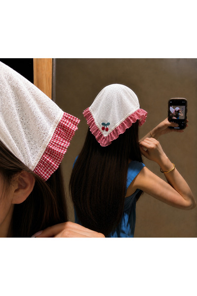synshop Ecru crvena gingham trešnja korejski stil naborana trokutasta kruna b...