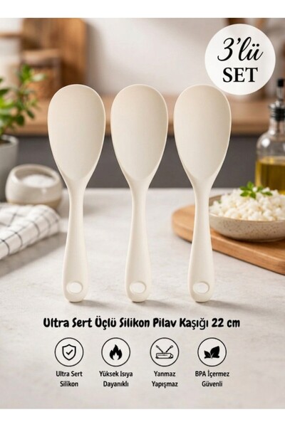 TARIK HOME 3'lü 22 cm Sert Uçlu Beyaz Silikon Karıştırma Kaşığı Seti, Pilav K...