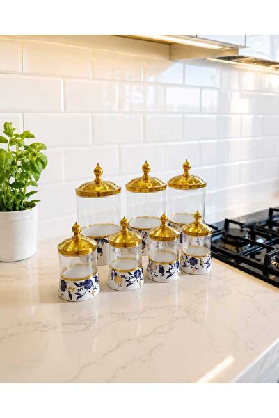 Twinkle 7 li Cam Ve Porselen Gold Metal Kapaklı Baharat Takımı Mavi Çiçekli