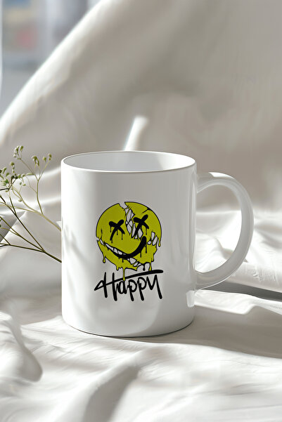 Mio Life كوب سيراميك أبيض سعة 330 مل مطبوع مع تصميم Happy Emoji