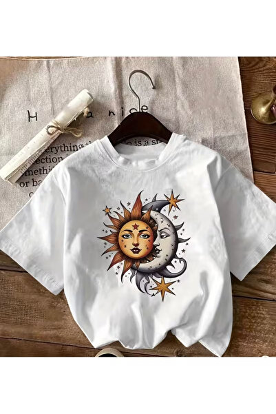 Massgai Μπλουζάκι Unisex με στάμπα Ήλιου και Σελήνης, Oversize, 100% βαμβάκι